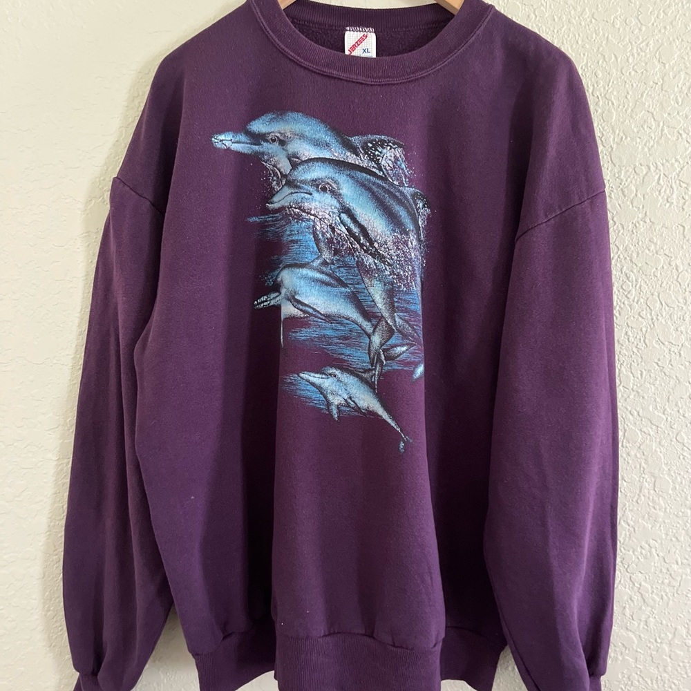 Vintage Jerzees Dolphins Graphic Sweatshirt Purple Xl Graphic Made In USA Retro